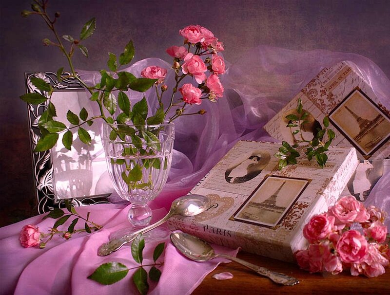 Pink Roses in Glass — Purple