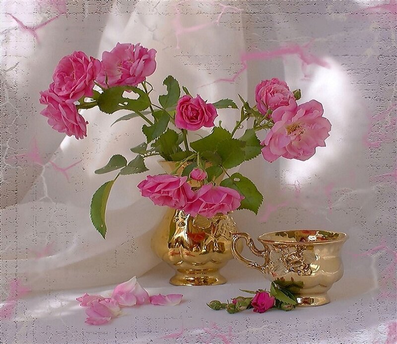 Pink Roses in Gold Vase
