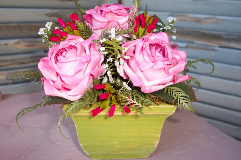 Pink Roses in Green Pot