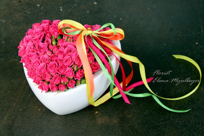Pink Roses in Heart Vase