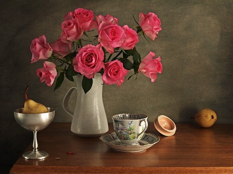 Pink Roses in Pitcher — Calm, Photograph
