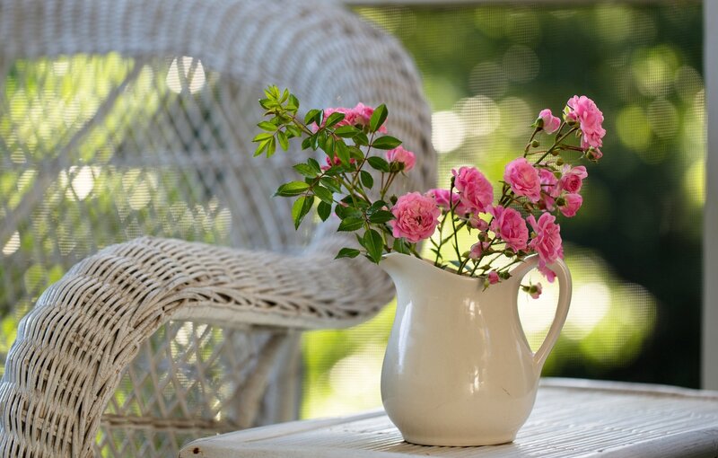 Pink Roses in Pitcher — Serene, Afternoon, Photograph, Wicker Chair