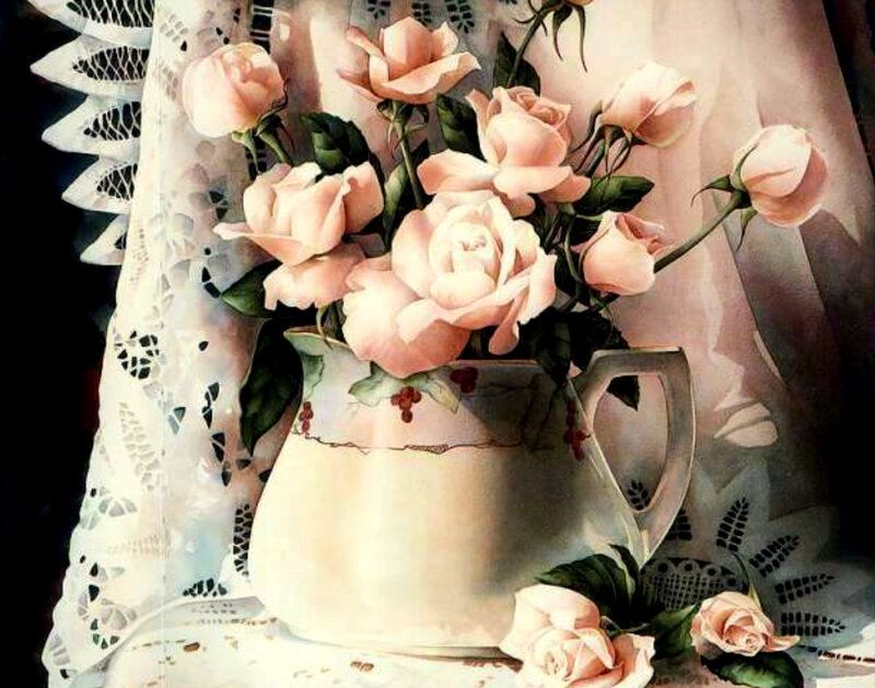 Pink Roses in Pitcher — Serene, Painting, Lace Tablecloth
