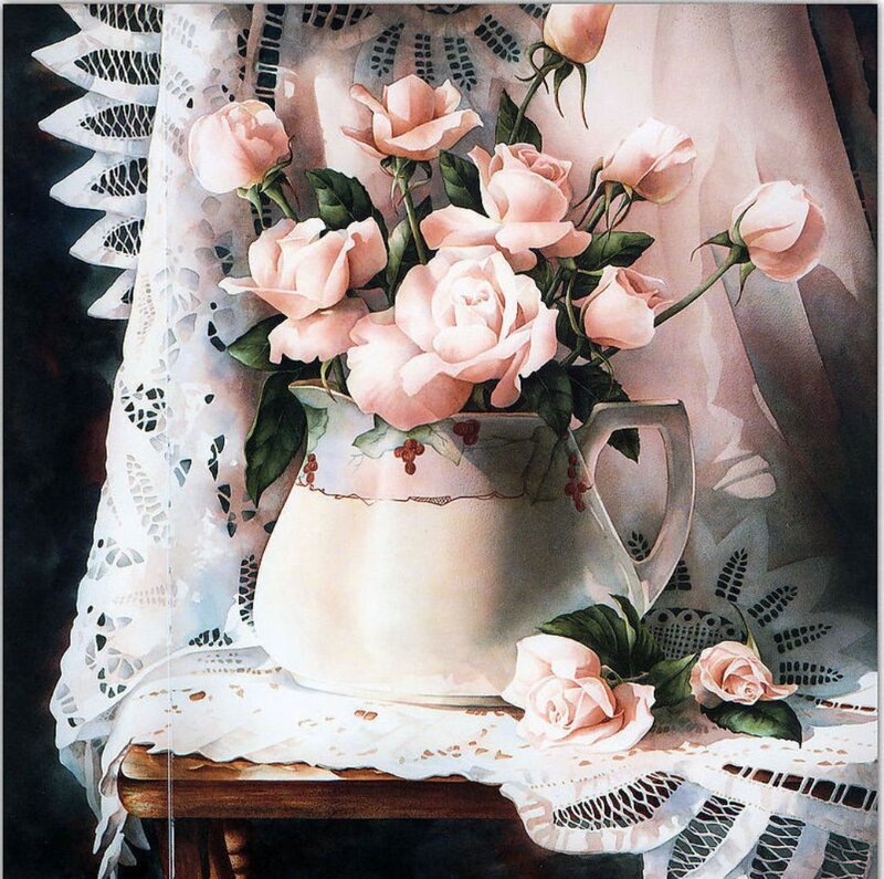 Pink Roses in Pitcher — Serene, Painting