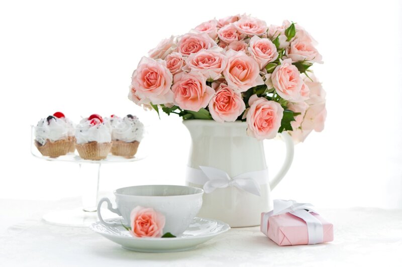 Pink Roses in Pitcher — Serene, Photograph, Cupcakes