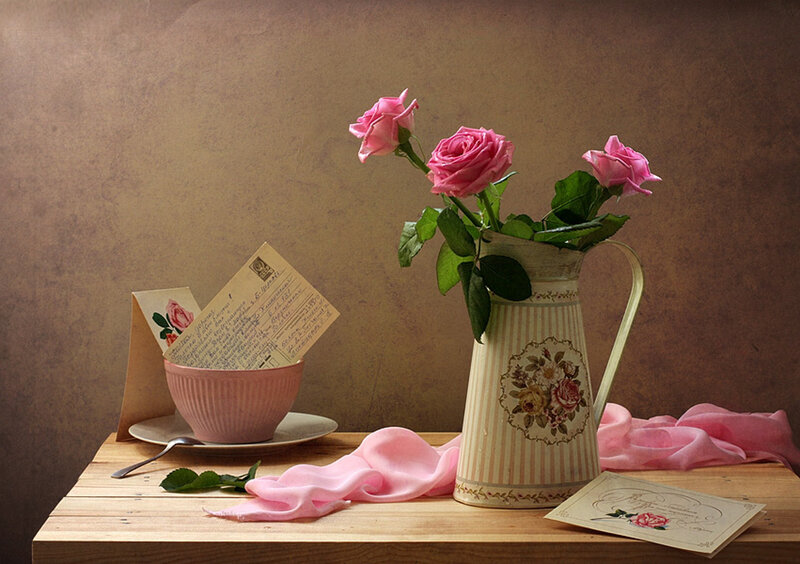 Pink Roses in Pitcher — Serene, Photograph, Postcards