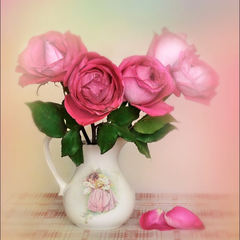 Pink Roses in Pitcher — Serene, Photograph, Tablecloth
