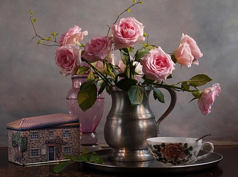 Pink Roses in Pitcher — Serene, Photograph, Tea Cup