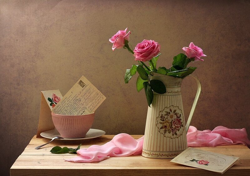 Pink Roses in Pitcher — Serene, Photograph