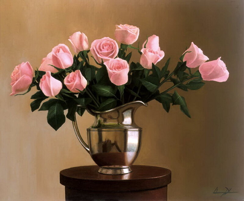 Pink Roses in Silver Pitcher