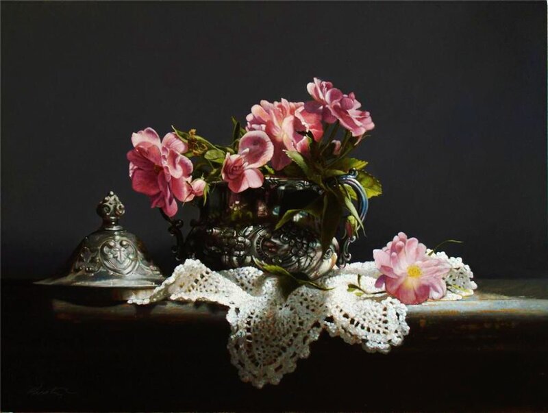 Pink Roses in Silver Vase — Black