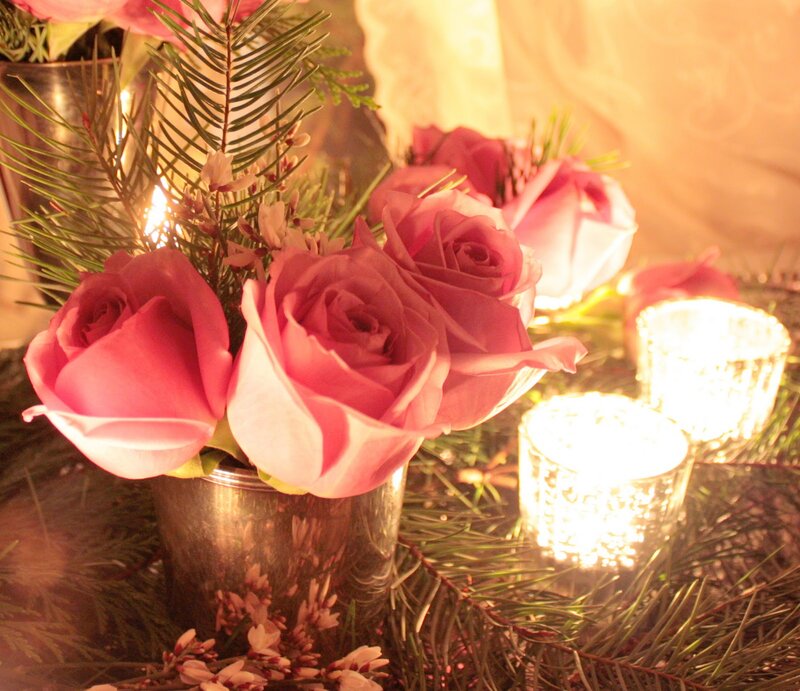 Pink Roses in Silver Vase