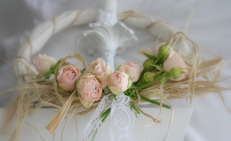 Pink Roses in Straw Wreath