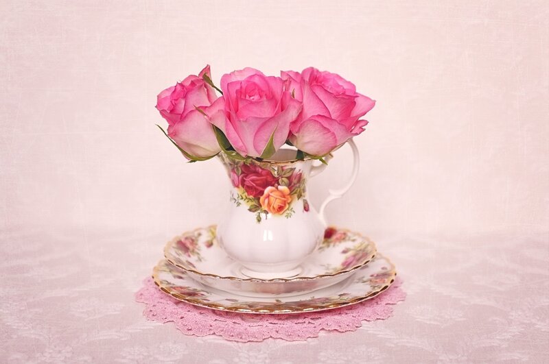 Pink Roses in Teacup — Serene, Photograph, Saucer, Doily