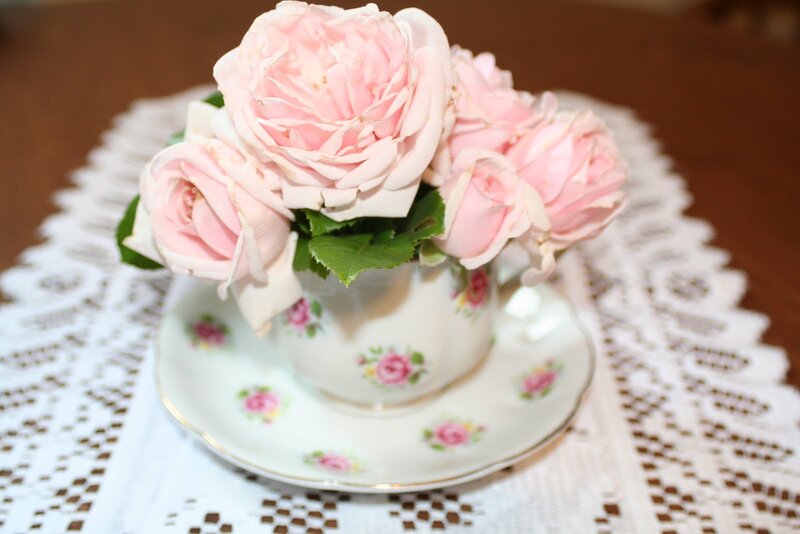 Pink Roses in Teacup — Serene, Photograph, Saucer, Lace Table Runner