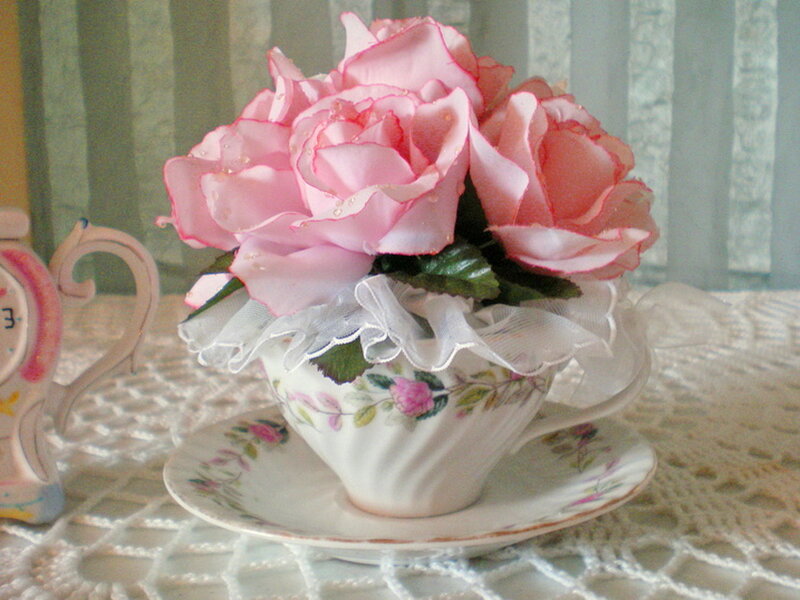 Pink Roses in Teacup — Serene, Photograph, Saucer