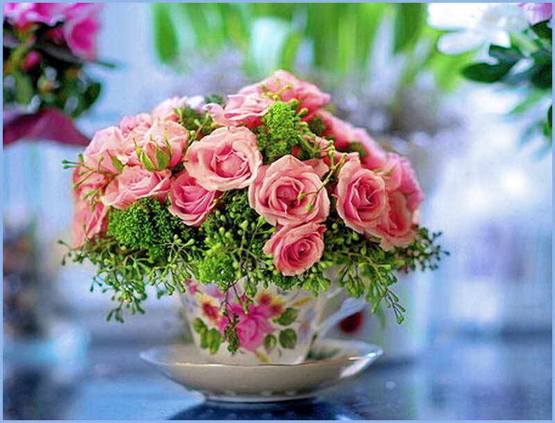 Pink Roses in Teacup — Serene, Photograph