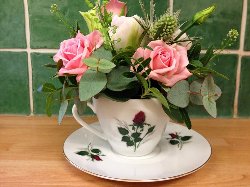 Pink Roses in Teacup — White