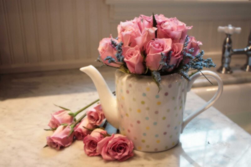 Pink Roses in Teapot — Serene, Photograph, Flowers