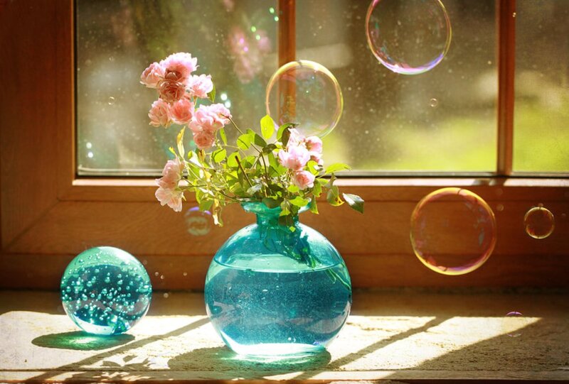 Pink Roses in Vase — Blue, Serene