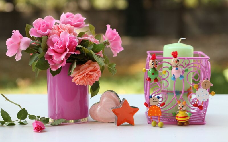 Pink Roses in Vase — Calm, Afternoon, Photograph, Candle