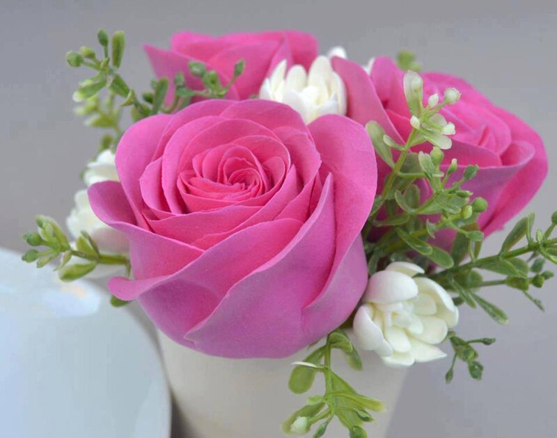Pink Roses in Vase — Calm, Photograph, White Flowers, Greenery