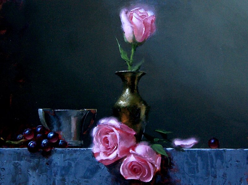 Pink Roses in Vase — Dramatic, Painting, Grapes