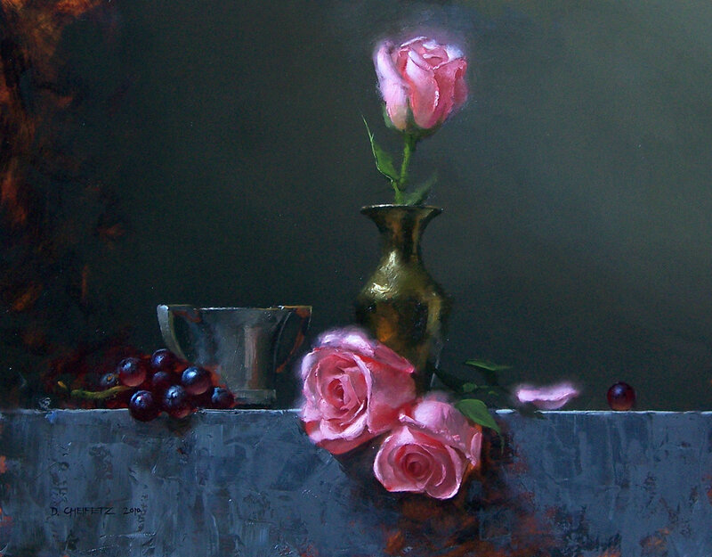 Pink Roses in Vase — Dramatic, Painting