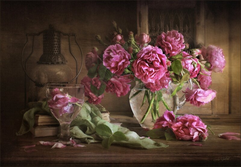 Pink Roses in Vase — Dramatic, Photograph, Glass