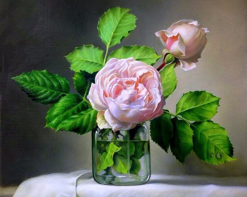 Pink Roses in Vase — Green, Serene