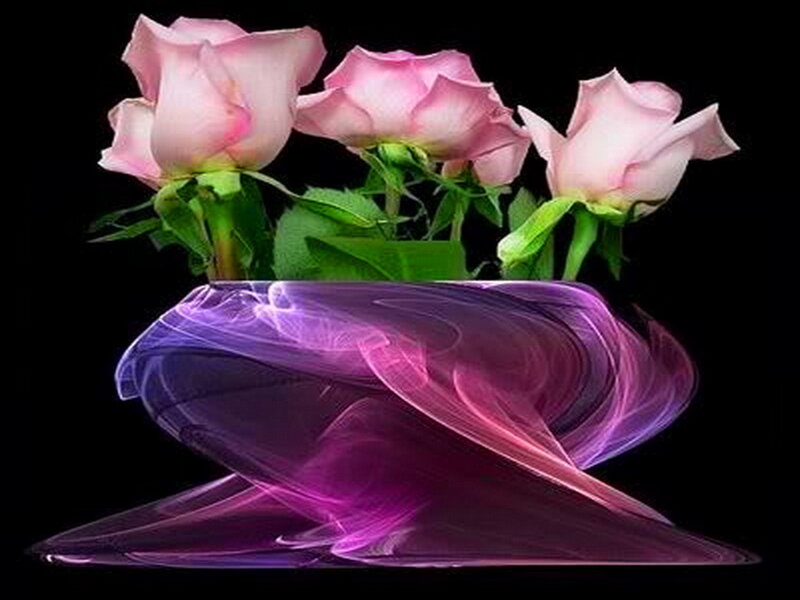 Pink Roses in Vase — Purple, Dramatic, Digital Art