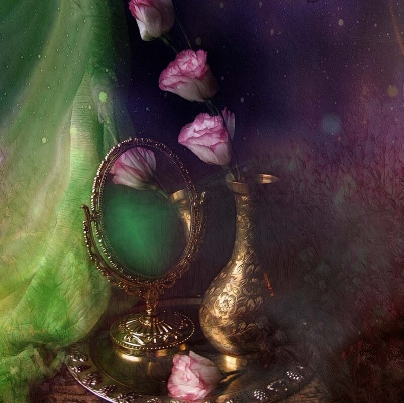 Pink Roses in Vase — Purple, Dramatic, Night, Digital Art