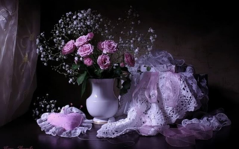 Pink Roses in Vase — Purple, Dramatic, Night