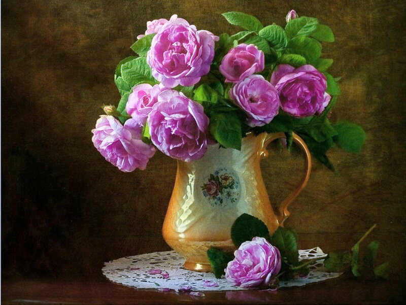 Pink Roses in Vase — Purple, Serene, Painting