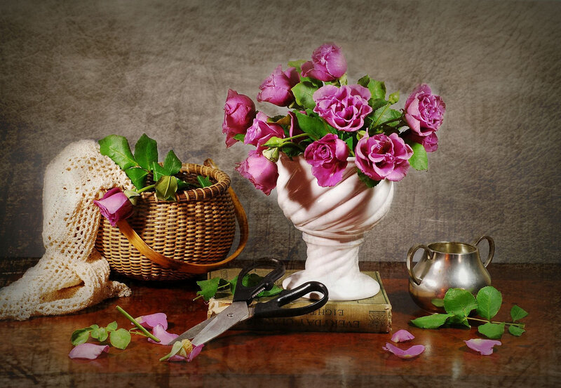 Pink Roses in Vase — Purple, Serene