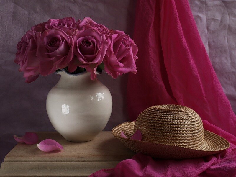 Pink Roses in Vase — Purple