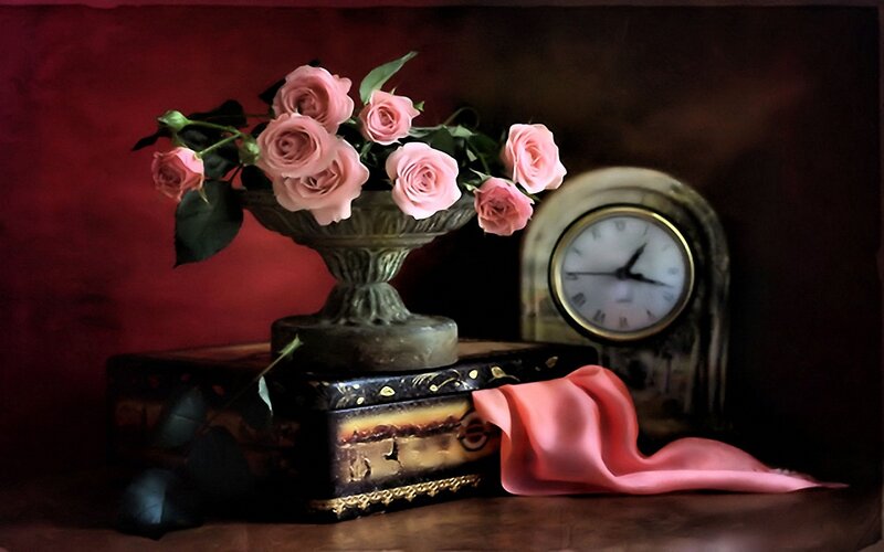 Pink Roses in Vase — Red, Dramatic, Photograph