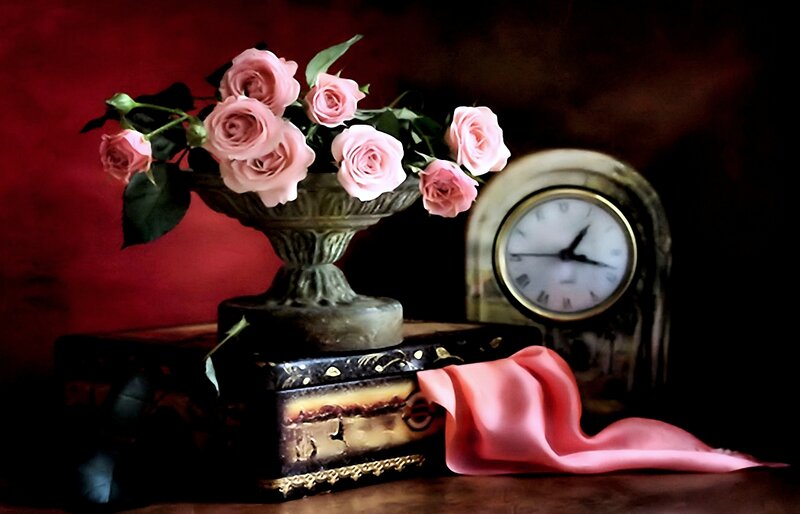 Pink Roses in Vase — Red, Dramatic
