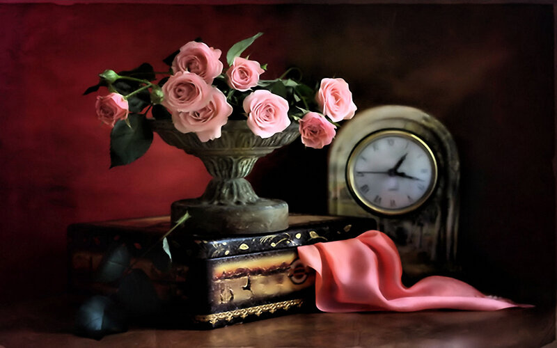 Pink Roses in Vase — Red