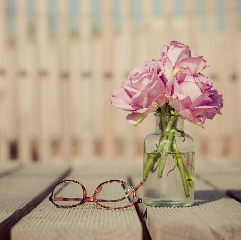 Pink Roses in Vase — Serene, Afternoon, Photograph, Glasses