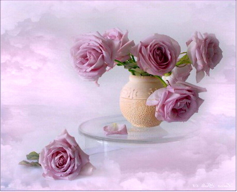 Pink Roses in Vase — Serene, Digital Art