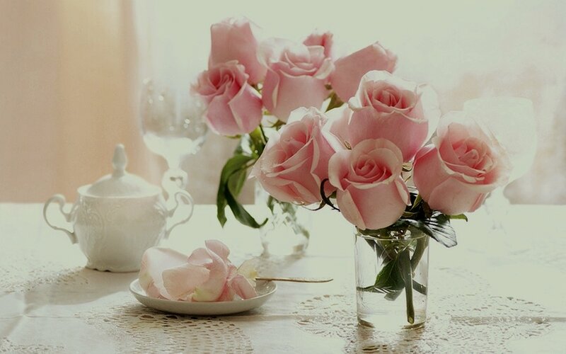 Pink Roses in Vase — Serene, Morning, Photograph, Tea Set