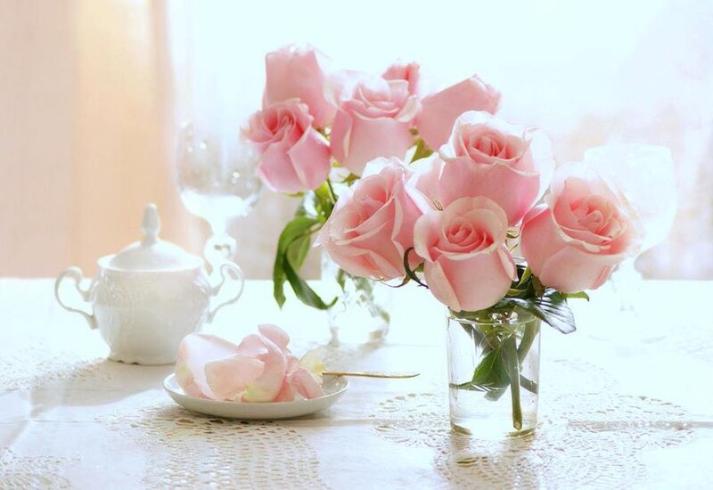 Pink Roses in Vase — Serene, Morning, Photograph, Teapot