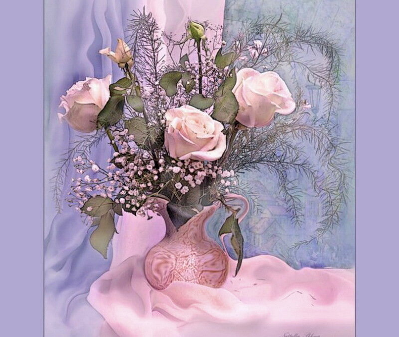 Pink Roses in Vase — Serene, Painting, Flowers