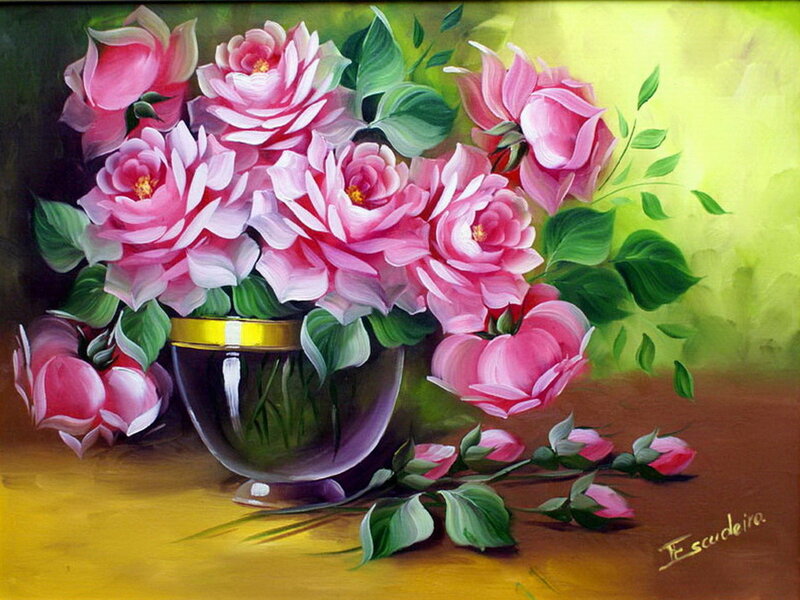 Pink Roses in Vase — Serene, Painting, Leaves, Buds