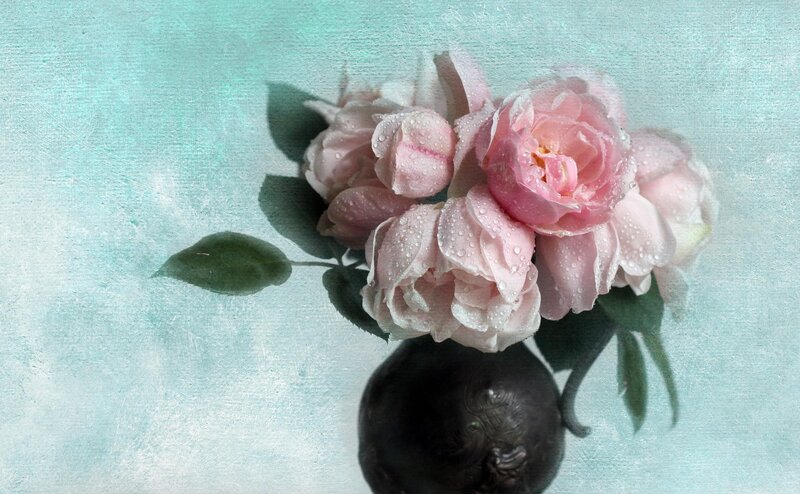 Pink Roses in Vase — Serene, Painting, Leaves, Drops