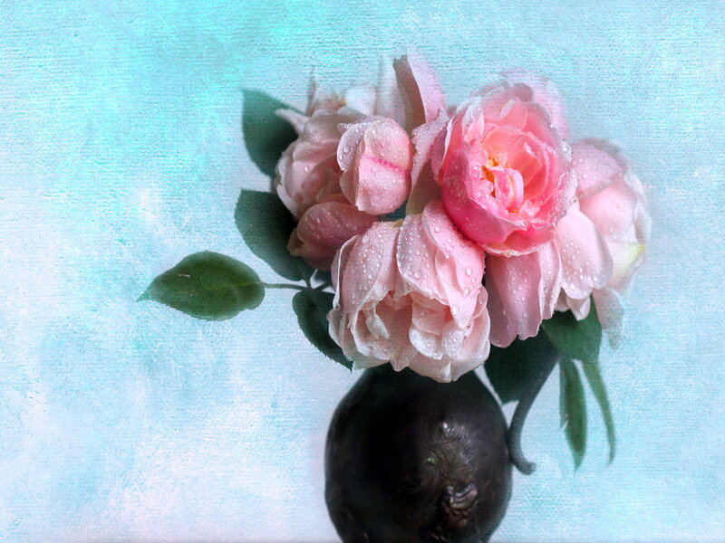Pink Roses in Vase — Serene, Painting, Leaves, Water Droplets