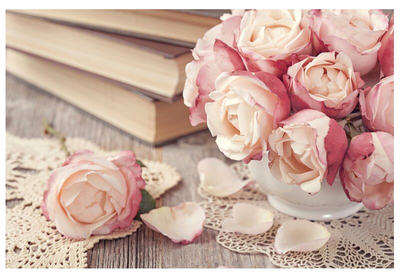 Pink Roses in Vase — Serene, Photograph, Books, Doily