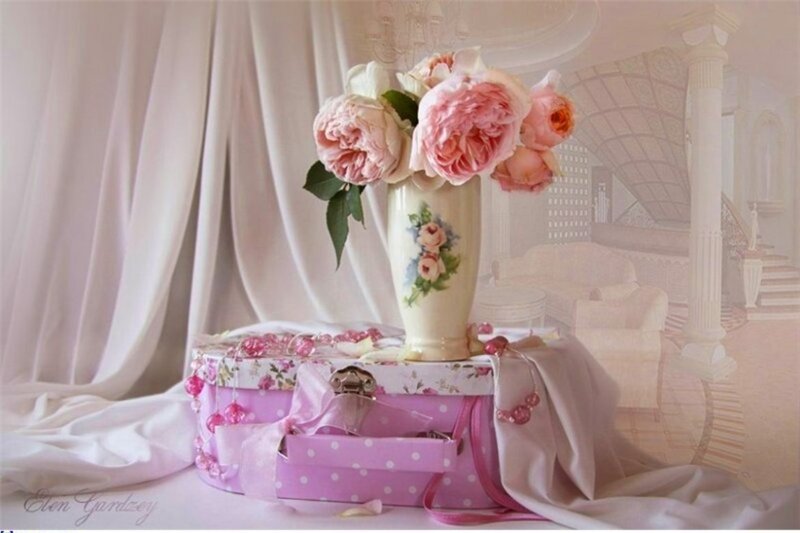 Pink Roses in Vase — Serene, Photograph, Box