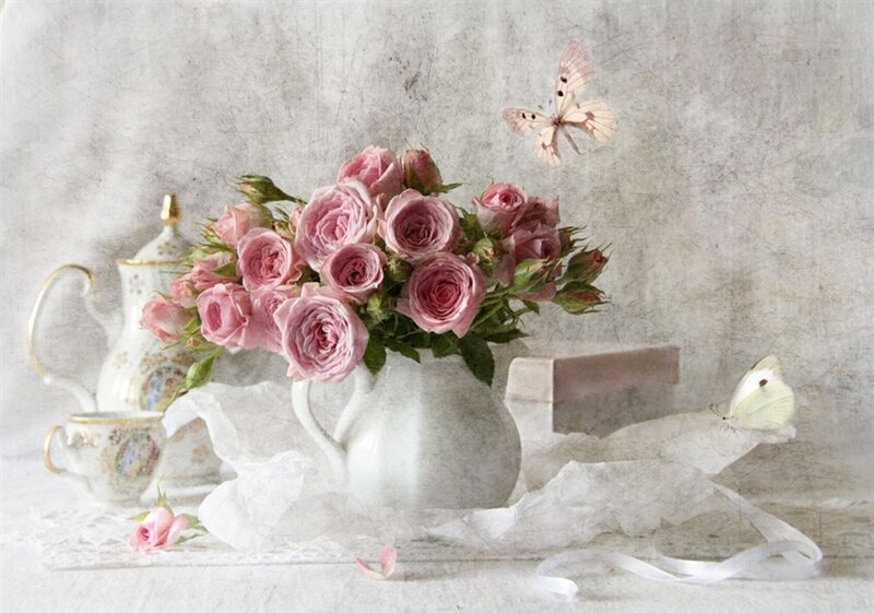 Pink Roses in Vase — Serene, Photograph, Butterflies, Teapot